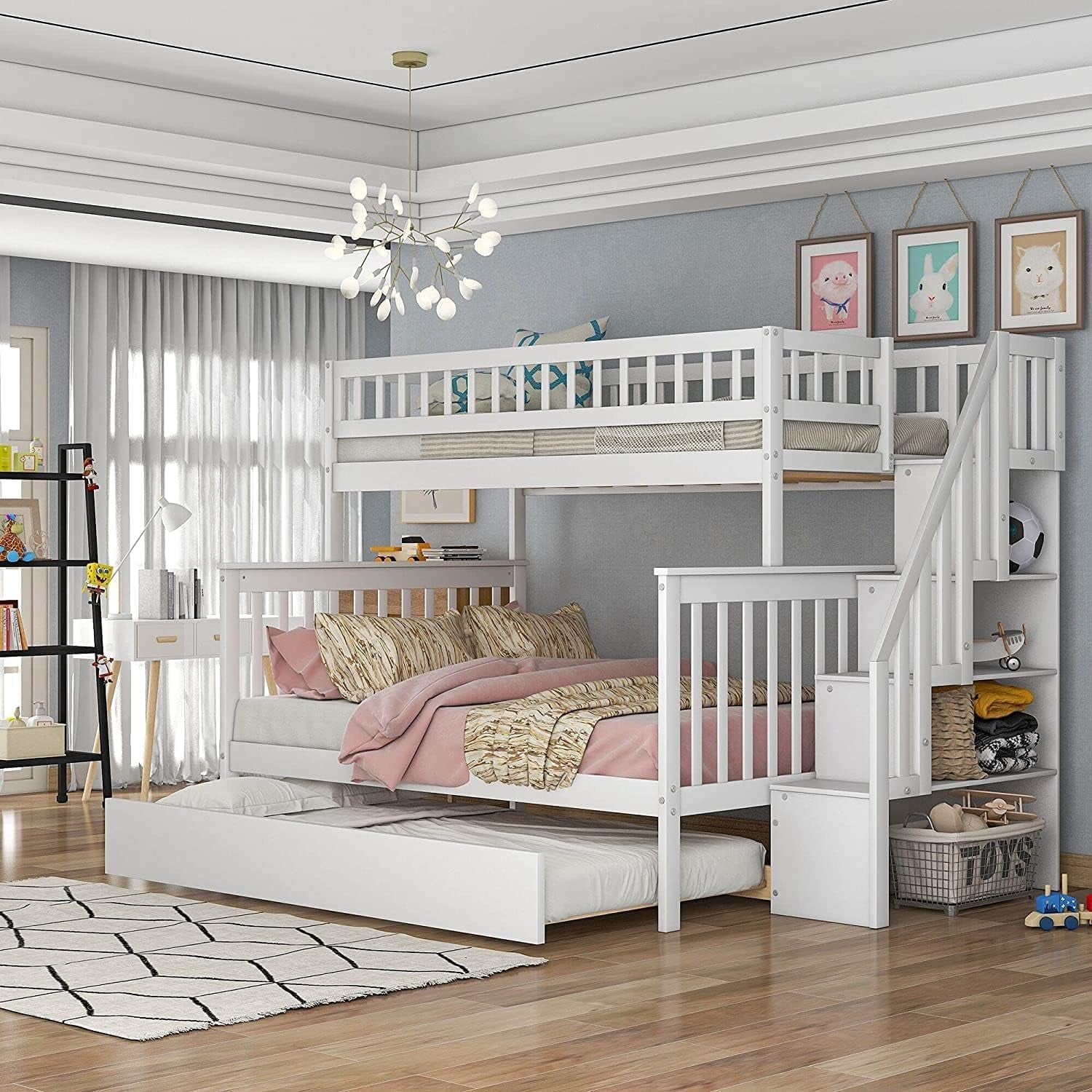 Twin over Full Bunk Beds with Twin Size Trundle & Stairway, Solid Wood Bunk Bed Twin over Full Size with Storage and Guard Rail for Bedroom, Dorm, Kids, Teens,Adults,White-0