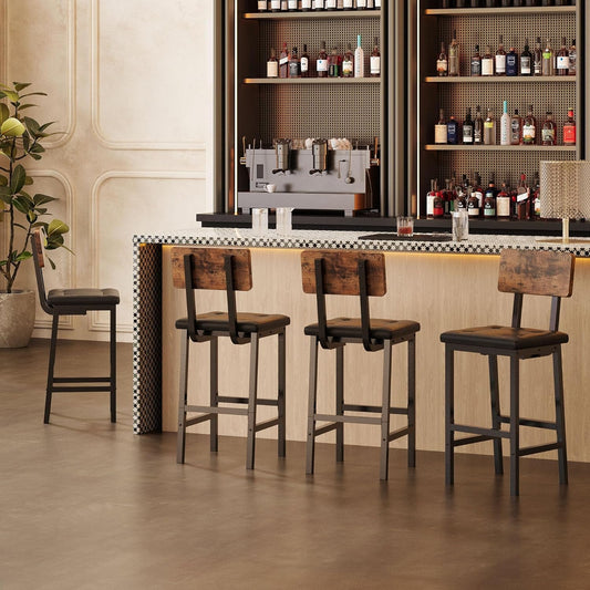 Bar Stools Set of 4, 16.5In Square PU Upholstered Barstools with Back and Footrest, Thick Cushion Stools for Kitchen Island for Dining Room Kitchen Counter Bar, Rustic Brown and Black-1