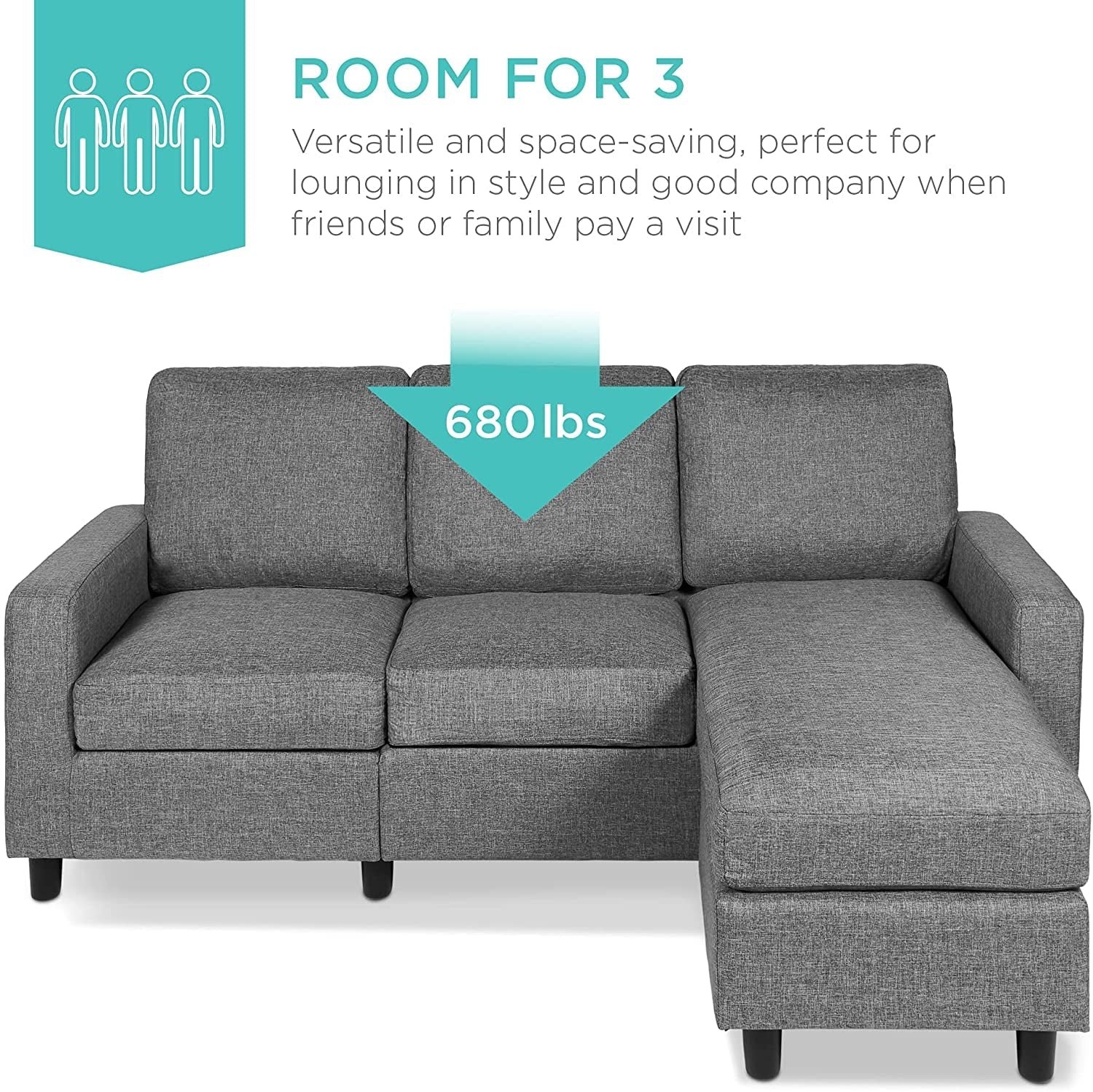 Compact Gray Linen Sectional Sofa with Chaise Lounge-2