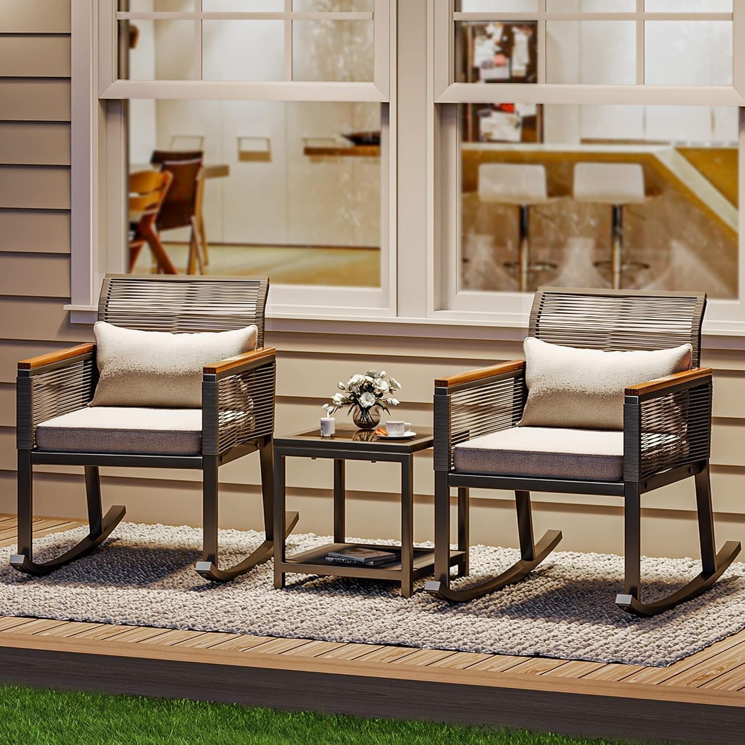 Outdoor Wicker Rocker Bistro Set with Wood Arms-0