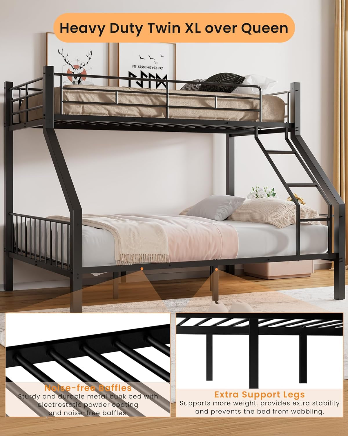 Twin XL over Queen Bunk Bed, Heavy Duty Bunk Bed with Safety Ladder and Full-Length Guardrails, Metal Queen Bed Frame with Slats Support for Adults, Teens, Kids, Black-4