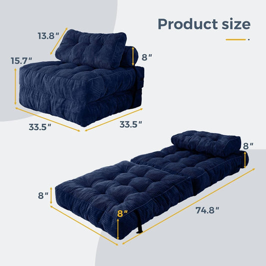 Folding Sofa Bed, Convertible Sleeper Chair with Pilow Foldable Matress with Back Support, Portable Fold Out Chair Bed Comfy Floor Sofa Lounge for Living Room Bedroom, Navy, Single-1