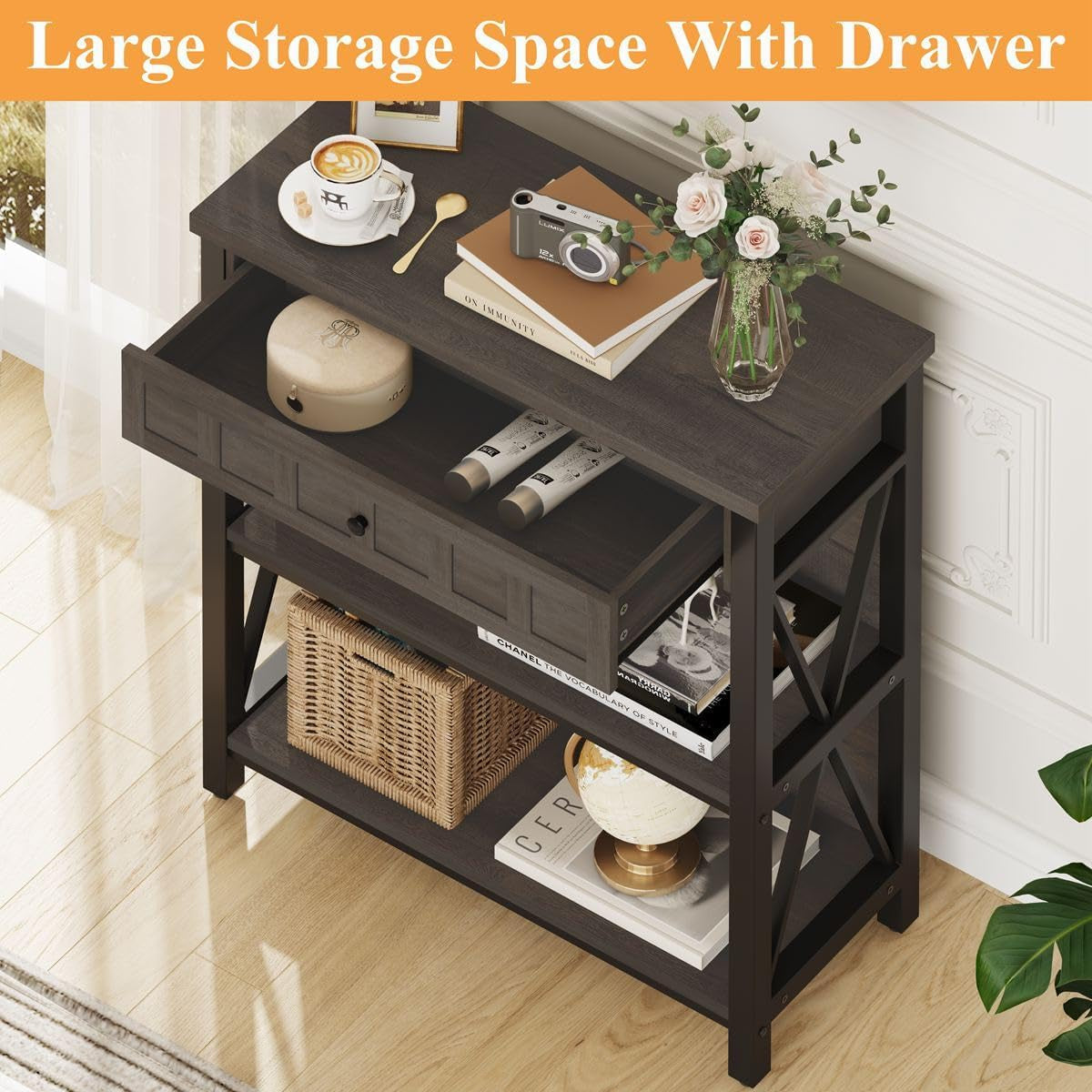 Rustic Bookshelf with Drawer, Industrial Wood and Metal Bookcase, Small Book Shelf and Low Book Case for Small Space (Walnut Brown)-2