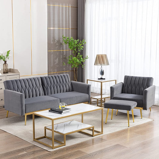 Grey Velvet Accent Chair with Ottoman and Armrests-1