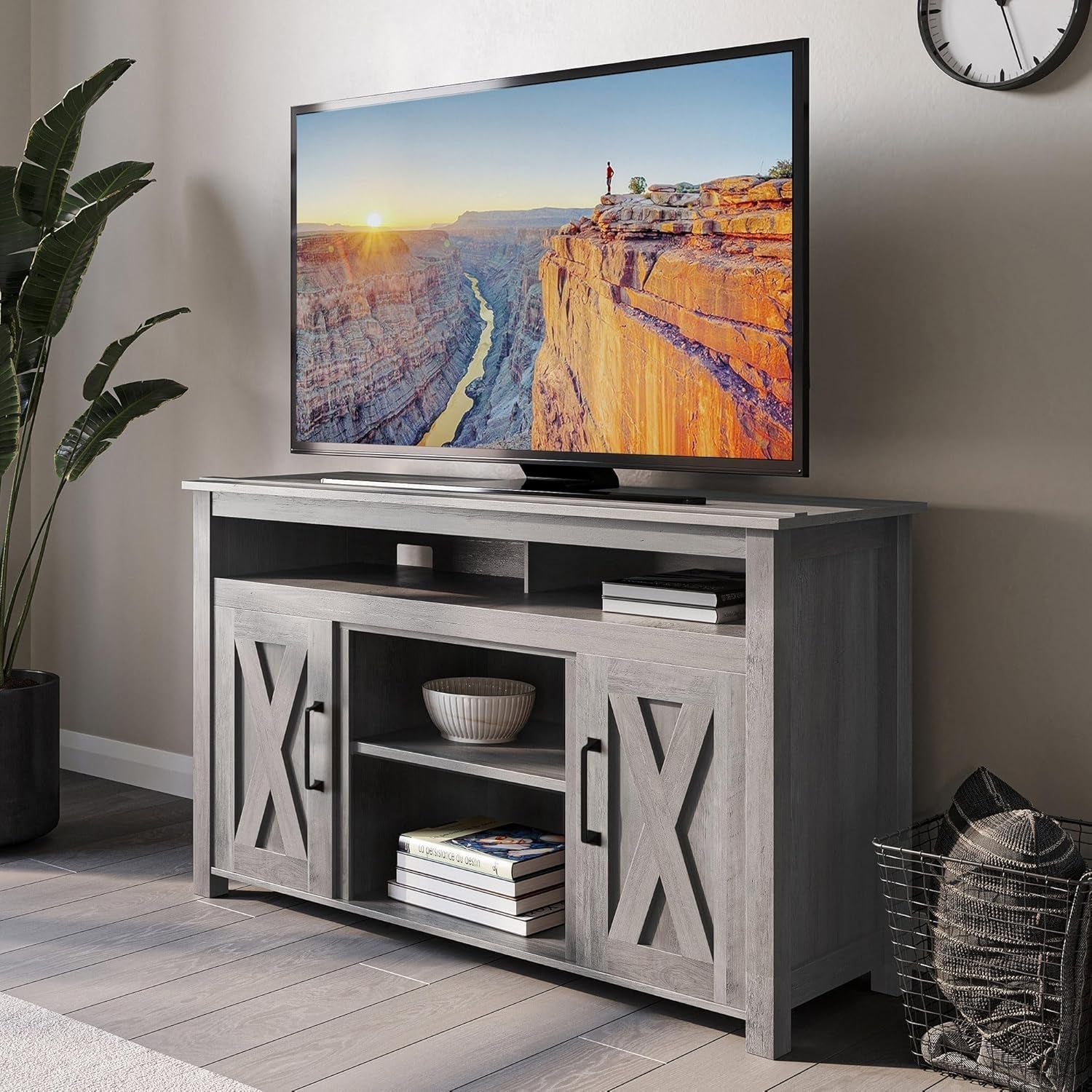 Modern 48 Inch Barn Door Wood TV Stand & Media Entertainment Center Console Table for Tvs up to 50 Inches with Two Open Shelves and Cabinets - Corin (Gray Wash)-1
