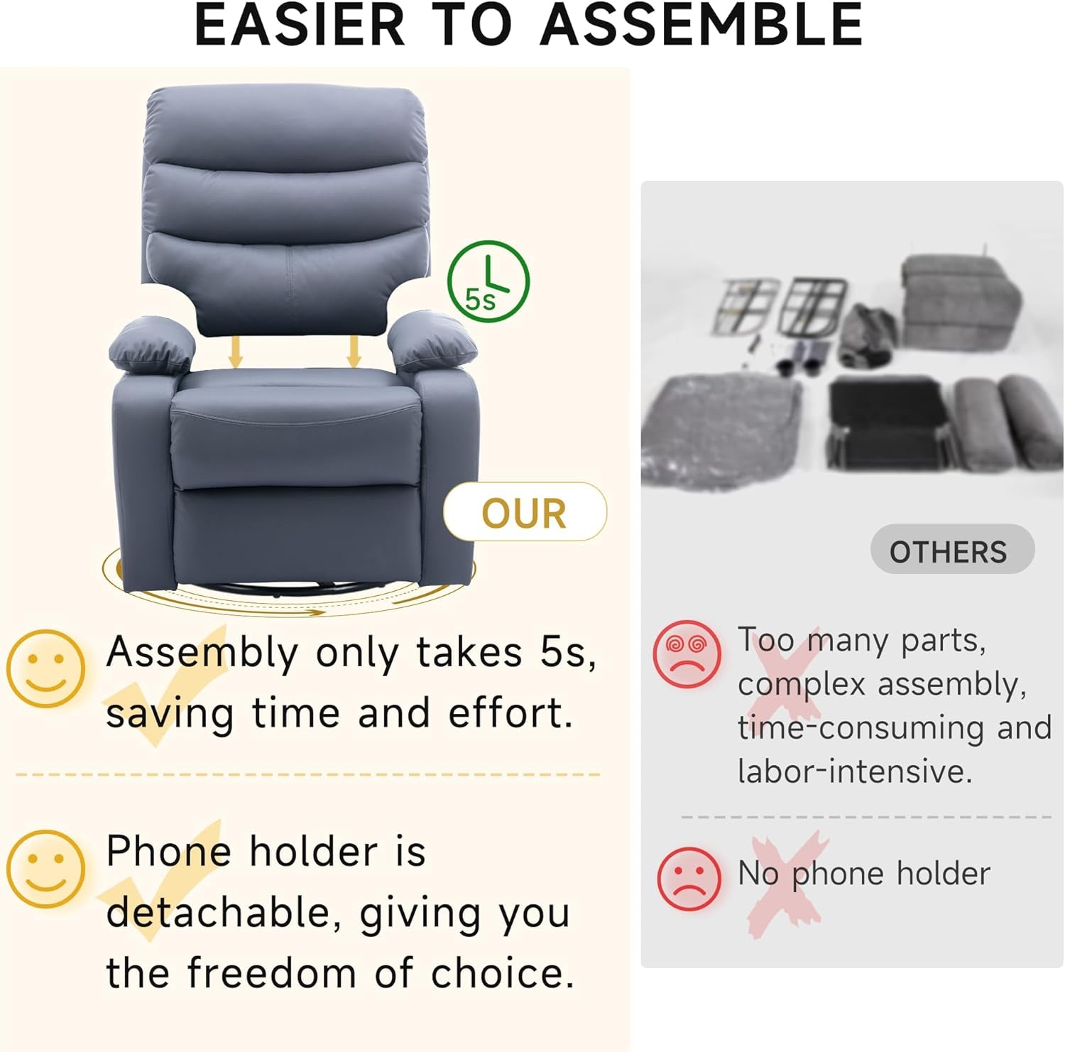 Swivel Rocker Recliner Chair for Adults, Rocking Recliner Chair, Manual Small Recliners for Small Spaces, Living Room, Nursery, RV, Dark Grey-3