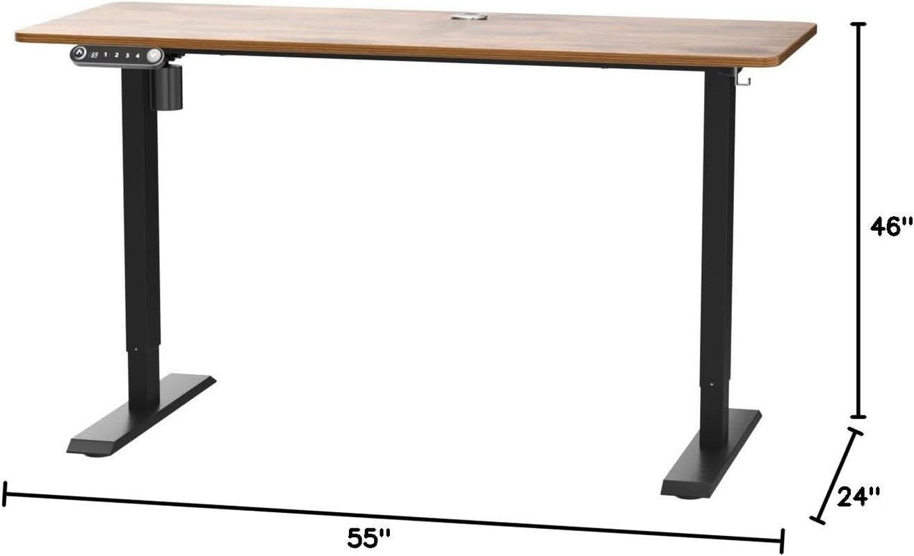 Electric Standing Desk Adjustable Height, 55 X 24 Inch Sit Stand up Desk with Large Mouse Pad, Double Metal Hook,4 Wheels,4 Memory Preset Heights Home Office Computer Desk（Brown）-2