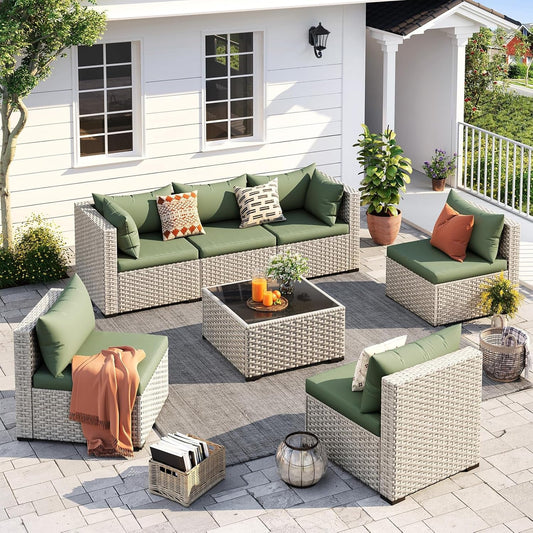 Outdoor Patio Furniture Set, 7-Piece PE Wicker Sectional Sofa with Tea Table, Outdoor Conversation Set for Patio, Garden, Backyard Green-0