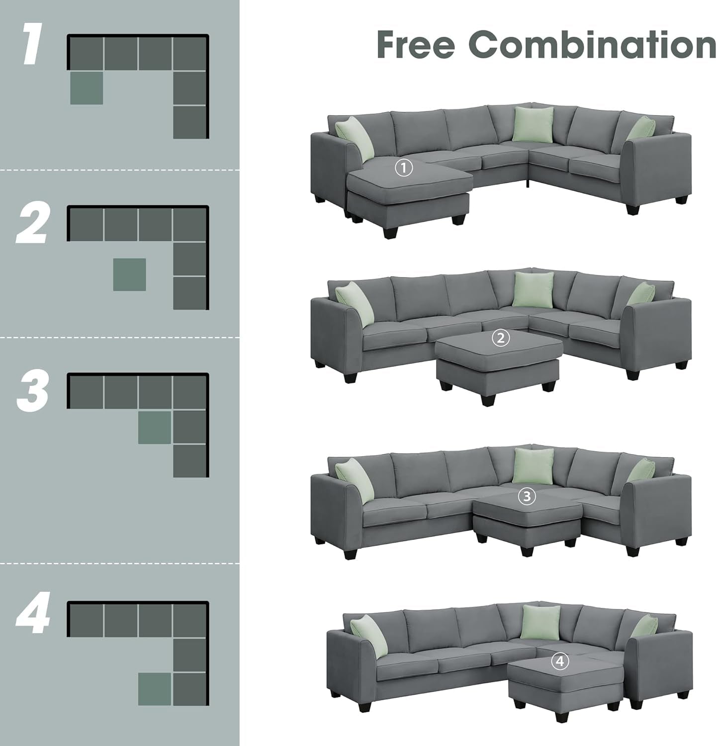 Modern Large U-Shape Sectional Sofa, 7 Seat Fabric Sectional Sofa Set with Movable Ottoman, L Shape Sectional Sofa Corner Couch with 3 Pillows for Living Room Apartment, Office-2