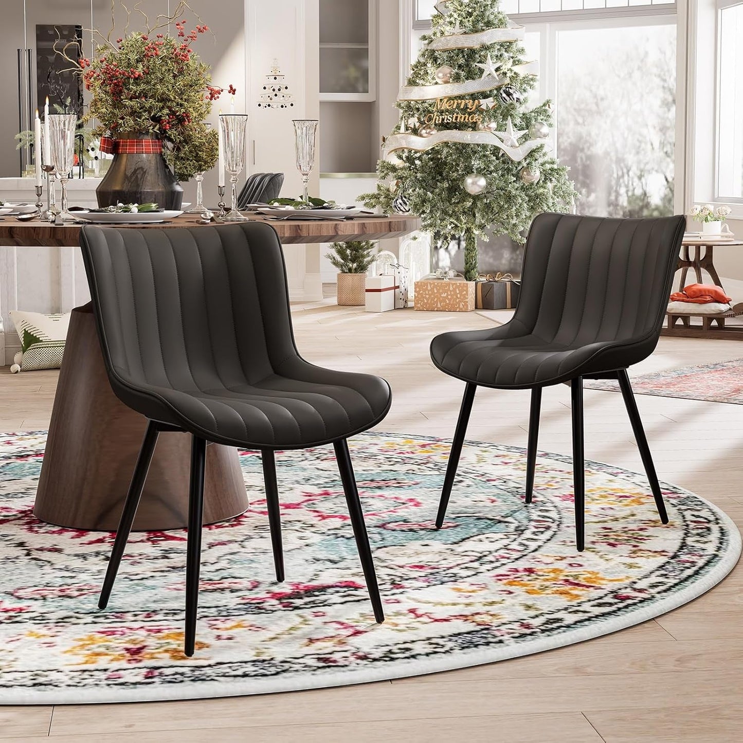 Black Dining Chairs Set of 2 Upholstered Mid Century Modern Kitchen&Dining Room Chairs Armless Faux Leather Accent Chair with Back Metal Legs Guest Waiting Reception Side Chaise Sillas-2
