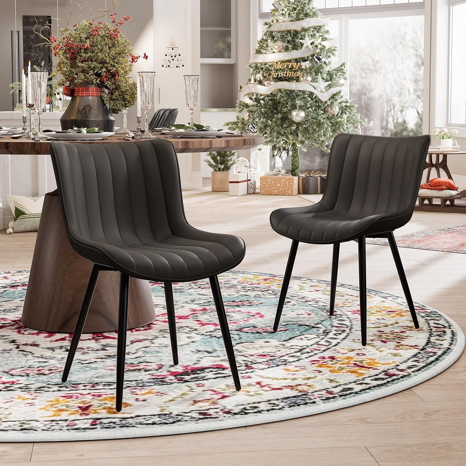 Black Dining Chairs Set of 2 Upholstered Mid Century Modern Kitchen&Dining Room Chairs Armless Faux Leather Accent Chair with Back Metal Legs Guest Waiting Reception Side Chaise Sillas-2