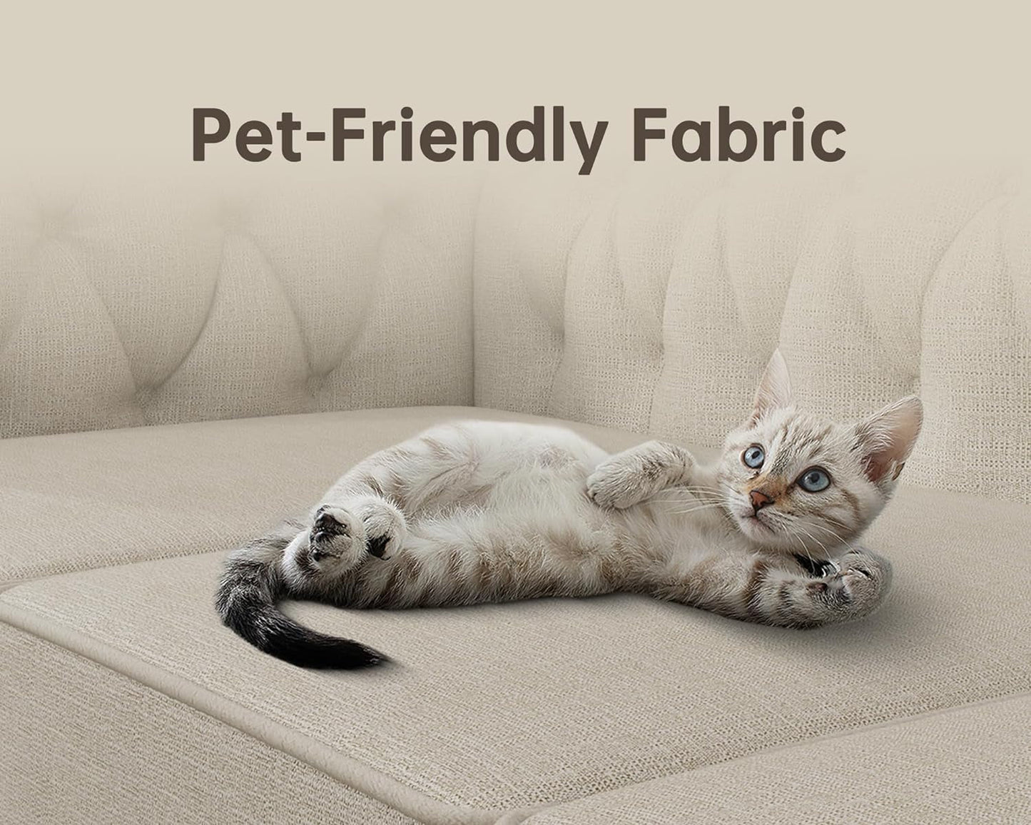 3 Piece Classic Chesterfield 6-Seater Set, Tufted Chair & Loveseat & Sofa Solid Wood Legs Thick Cushion, Pet-Friendly Couch Set Furniture for Living Room Bedroom Apartment, Linen Beige-3