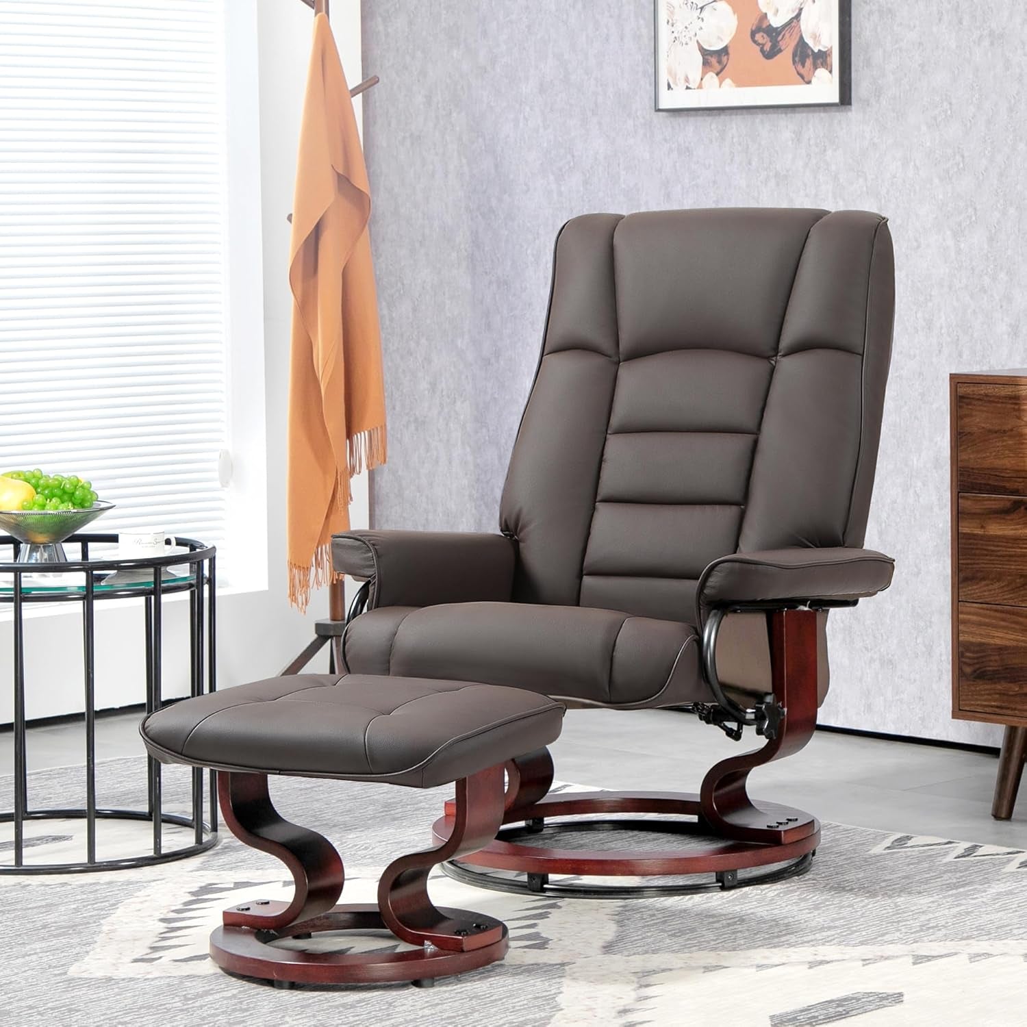 Faux Leather Reclining Chair, Swivel Ottoman Chair, Recliner with Ottoman with High Back and Wood Frame for Living Room, Brown-1
