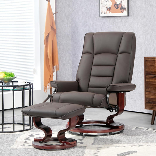 Faux Leather Reclining Chair, Swivel Ottoman Chair, Recliner with Ottoman with High Back and Wood Frame for Living Room, Brown-1
