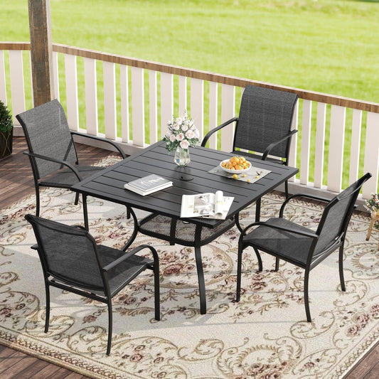 5 Pieces Patio Dining Set, Outdoor Furniture Set Includes 1 Square Patio Table and 4 Stackable Patio Sling Chairs, Outdoor Table and Chairs for Outsides, Black Table and Grey Chairs-0