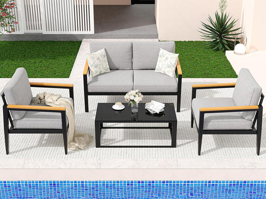 Outdoor Aluminum Furniture Set,4 Piece Patio Conversation Sets,Removable & Washable Cushion,Ink Color Tempered Glass Table Light Grey-0