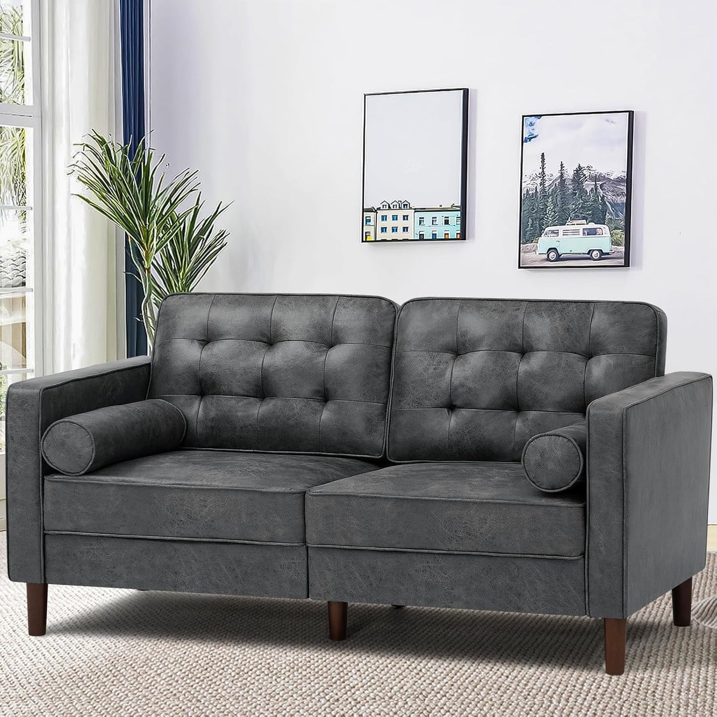 2 Pieces Faux Leather Sofa Set with Bolster Pillows,Tufted 3-Seat Sofa and Loveseat Couch with Wooden Legs, Upholstered Living Room Set for Living Room, Office, Grey-3