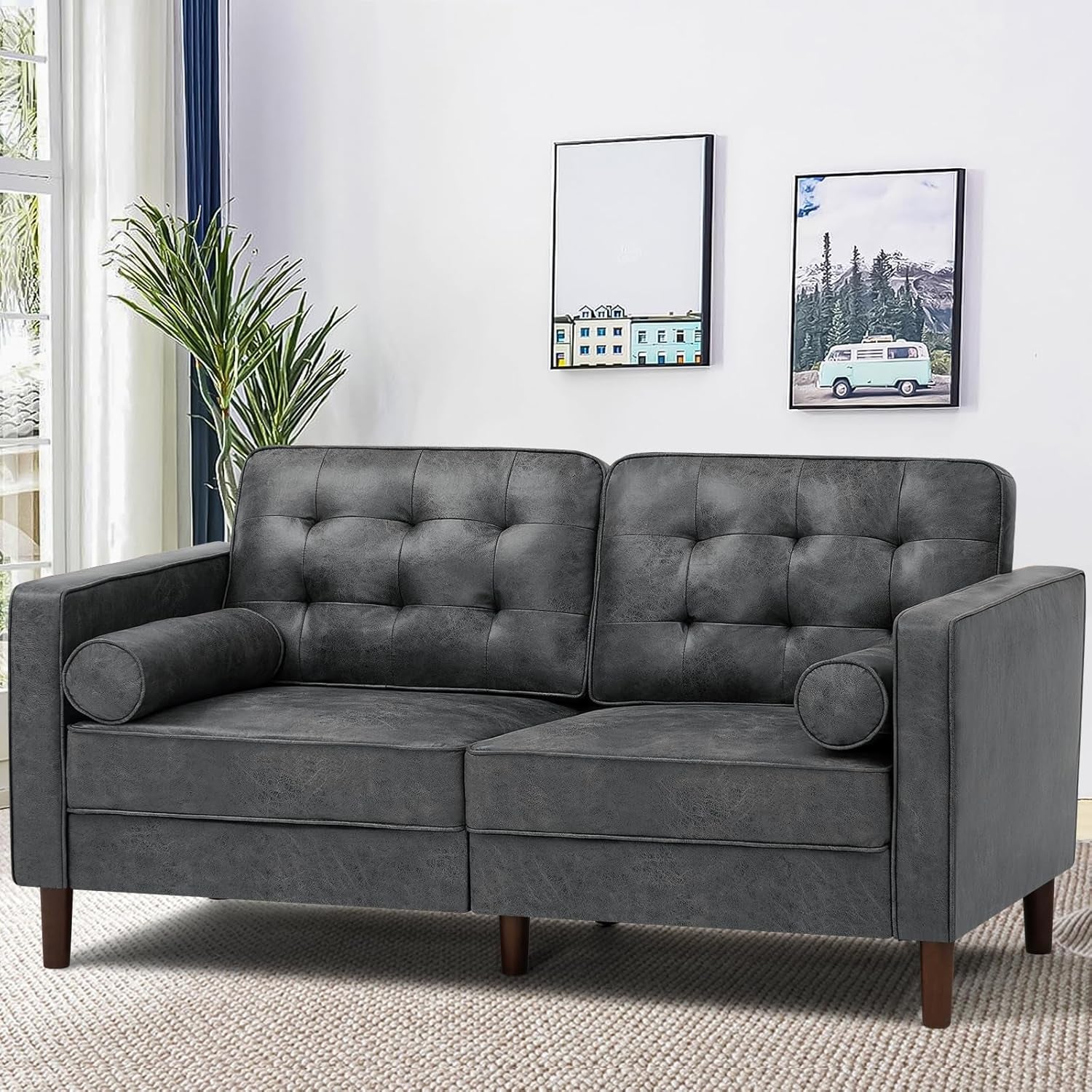 2 Pieces Faux Leather Sofa Set with Bolster Pillows,Tufted 3-Seat Sofa and Loveseat Couch with Wooden Legs, Upholstered Living Room Set for Living Room, Office, Grey-3