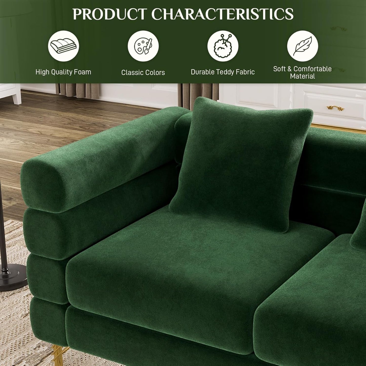 Living Room Sofa Couch and Loveseat Set, Modern Comfy Velvet Deep Seat Cloud Couch with 5 Pillows, Oversized Sofa Furniture Sets for Living Room Bedroom, Emerald Green Velvet-3