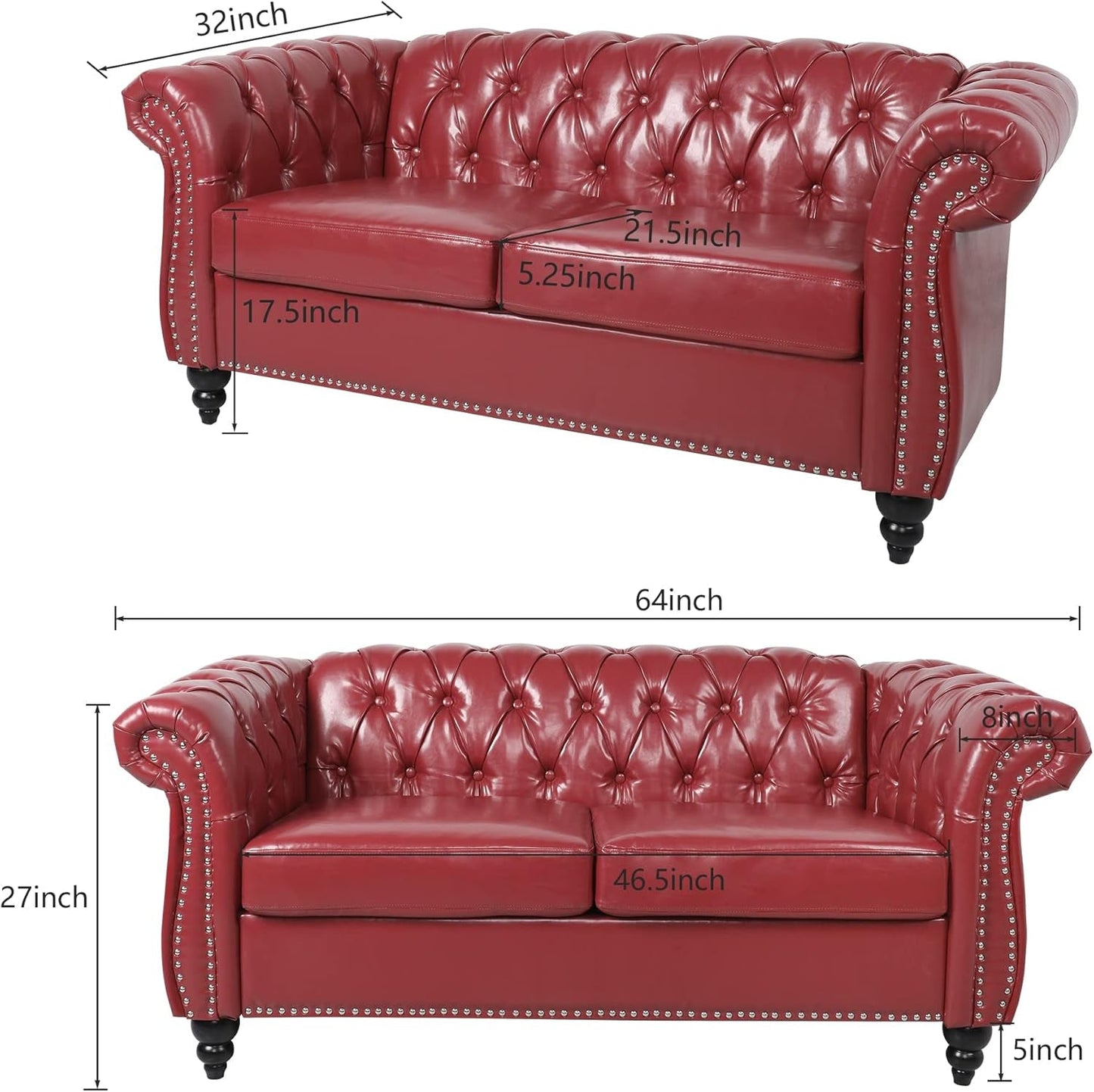 2 Piece Living Room Set, Chesterfield Leather Sofa Couch Chair with Scroll Arms and Nailhead for Living Room, Office (Burgundy)-1