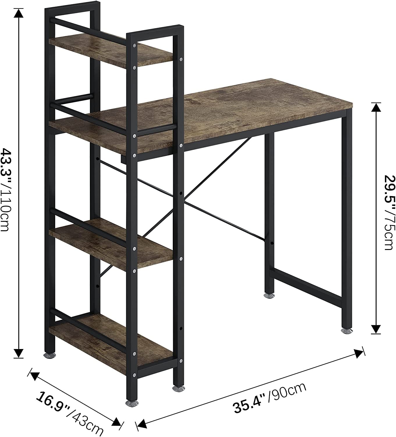 Small Rustic Desk with 4-Tier Bookshelf-2