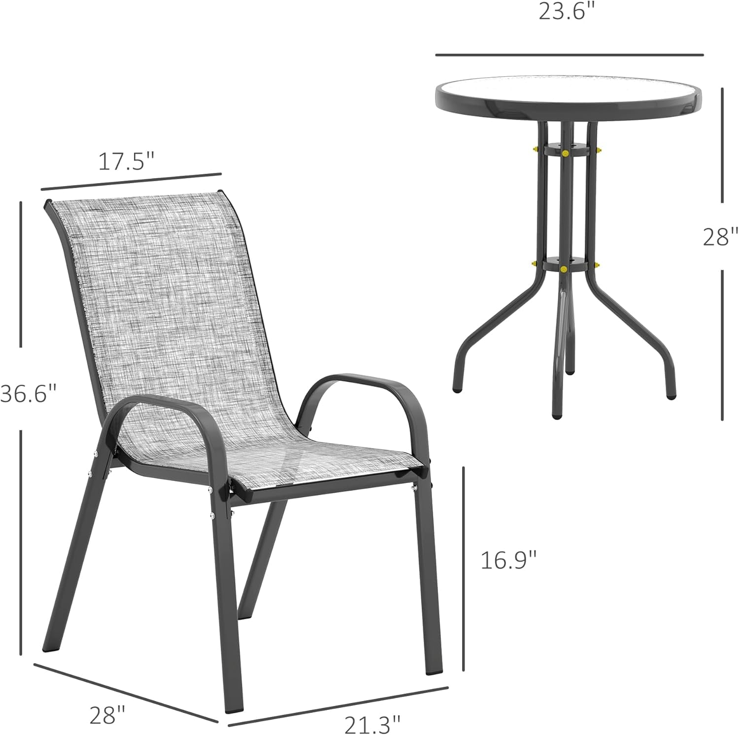3 Pieces Outdoor Bistro Set, Small Patio Set with Stackable Mesh Chairs and Glass Top Table, High Back Patio Furniture Set for Backyard, Balcony, Garden, Gray-4