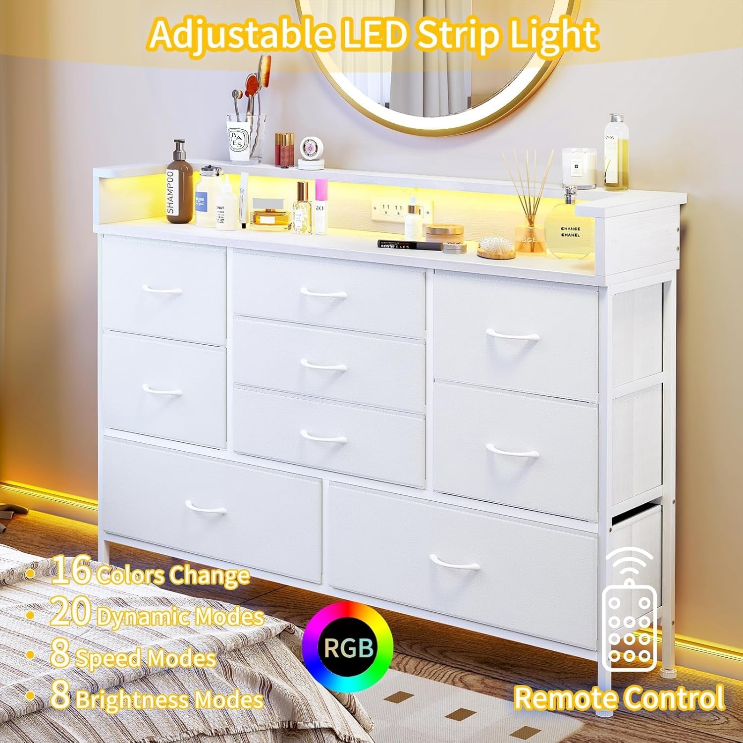 White LED Dresser with 9 Drawers and Charging Station-2