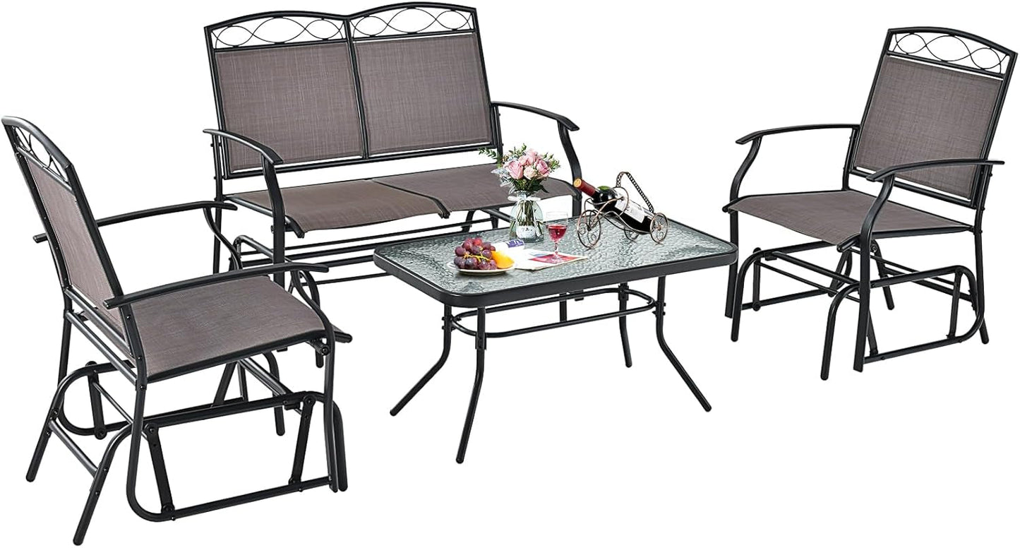 4 Pcs Patio Glider Set, Outdoor Gliding Loveseat W/Tempered Glass Coffee Table, Heavy-Duty Patio Furniture Set for Backyard, Porch, Poolside (4 PCS Patio Glider Set)-0