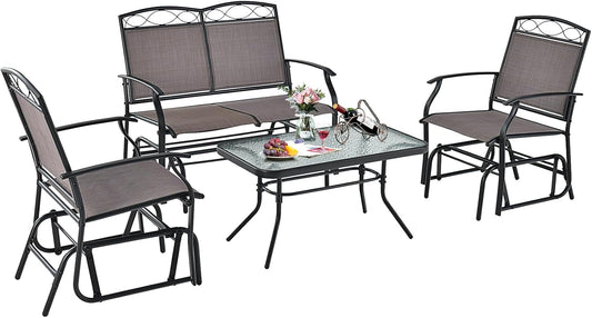 4 Pcs Patio Glider Set, Outdoor Gliding Loveseat W/Tempered Glass Coffee Table, Heavy-Duty Patio Furniture Set for Backyard, Porch, Poolside (4 PCS Patio Glider Set)-0