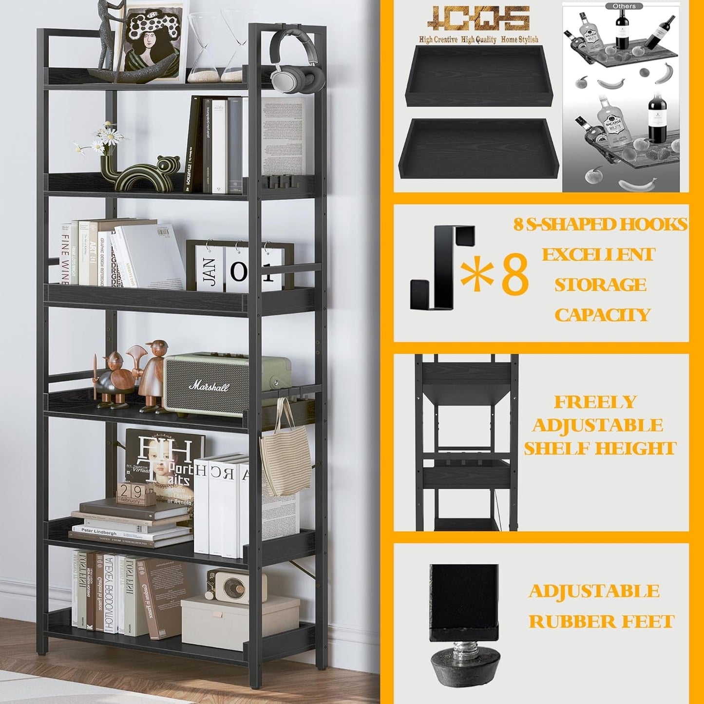 6 Tier Bookshelf, Adjustable Industrial Bookcase, Vertical Tall Book Shelf, Wood and Black Metal Open Bookshelves for Home Office, Living Room, Bedroom, 70 Inch-4