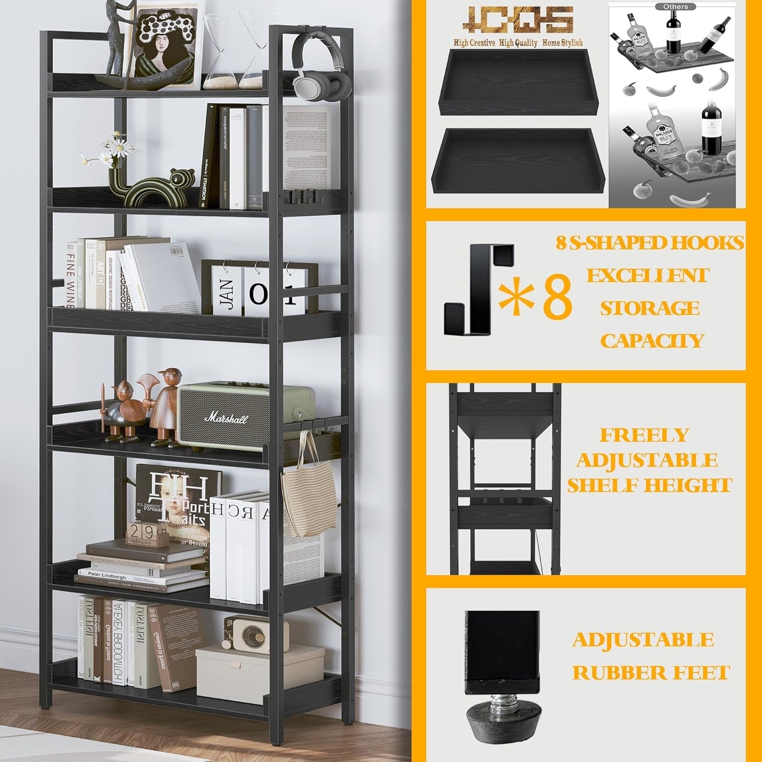6 Tier Bookshelf, Adjustable Industrial Bookcase, Vertical Tall Book Shelf, Wood and Black Metal Open Bookshelves for Home Office, Living Room, Bedroom, 70 Inch-4