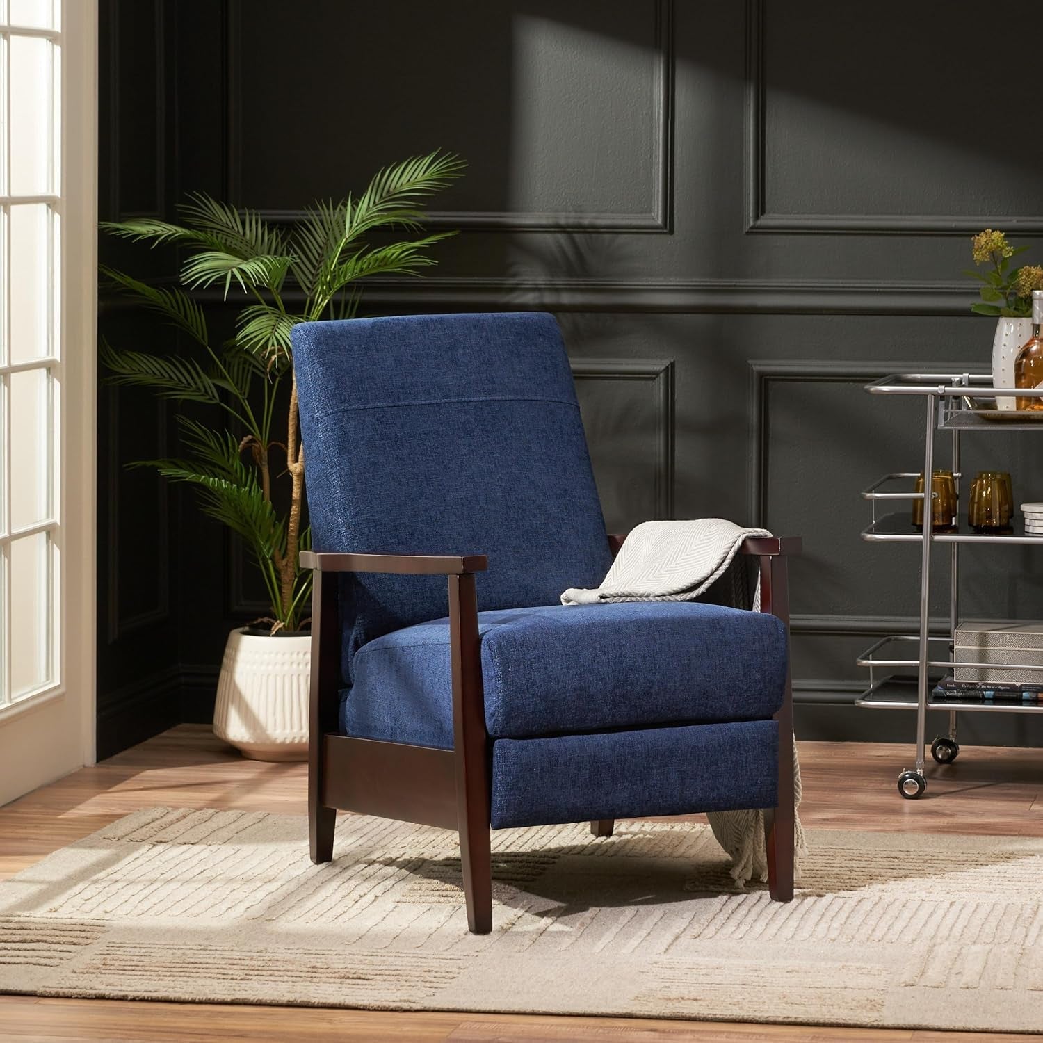 Wide Wood Hand Manual Club Recliner, Adjustable Chaise Chair Fabric Single Lie Sofa for Living Room, Bedroom, Office, Lounges, 35" D X 24.75" W X 37.75" H, Navy Blue-2