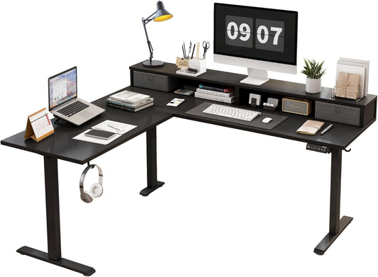 L Shaped Electric Standing Desk with 2 Drawers, 63 Inch Ergonomic Adjustable Height Desk with Storage, Corner Desk Sit Stand up Computer Table for Work Office Home, Black-0