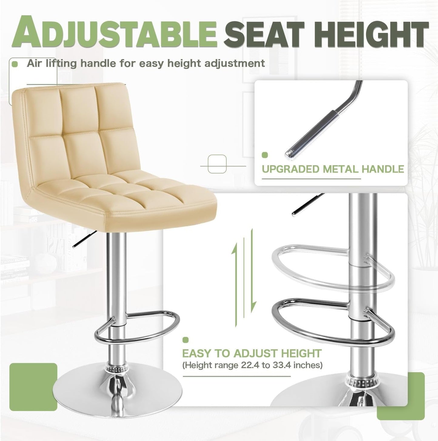 Bar Stools Modern Pu Leather Swivel Adjustable Hydraulic Bar Stool Square Counter Height Stool Set of 2 (Beige)-3