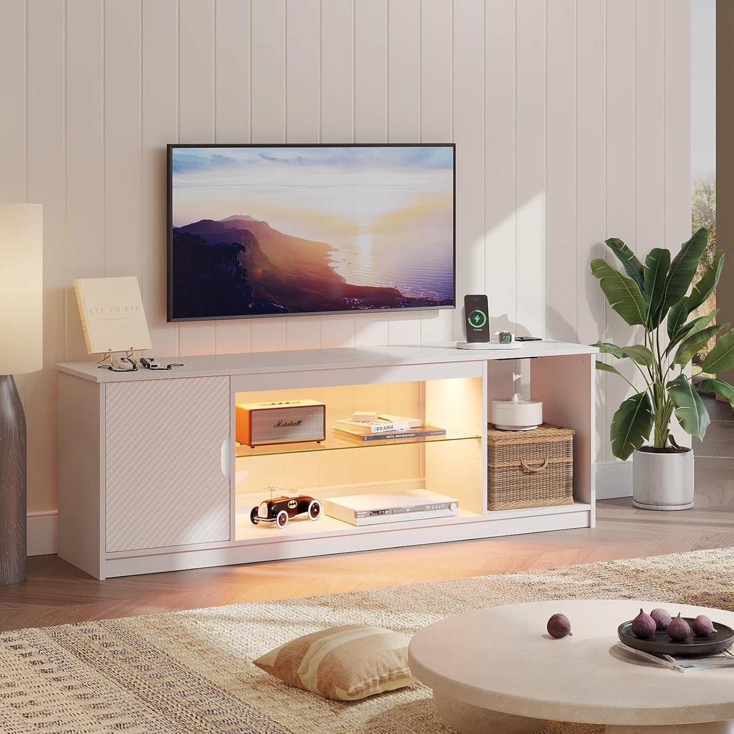 LED TV Stand with Power Outlets for 55/60/65 Inch TV, Gaming Entertainment Center with Cabinet for PS5, Modern TV Cabinet with Adjustable Glass Shelves for Bedroom 58 Inch Carbon Fiber White-1