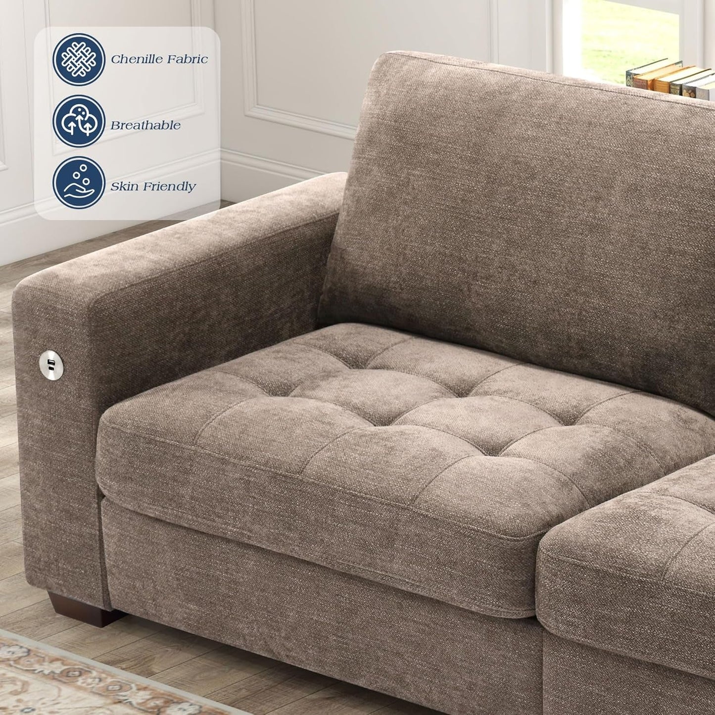 Sofas for Living Room, Chenille Loveseat Couch Set, Small Sofa, 3 Seater Sofa, USB Charging, Removable Sofa Cover,Solid Wood Frame, Easy to Install(89Inch,Brown)-3
