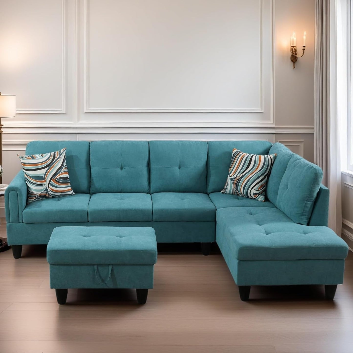 L Shaped Sectional Couches for Living Room, Modern Modular Sectional Sofa with Ottoman Storage, Comfy L Shaped Couch with Chaise for Bedroom Apartment Furniture, Green-2