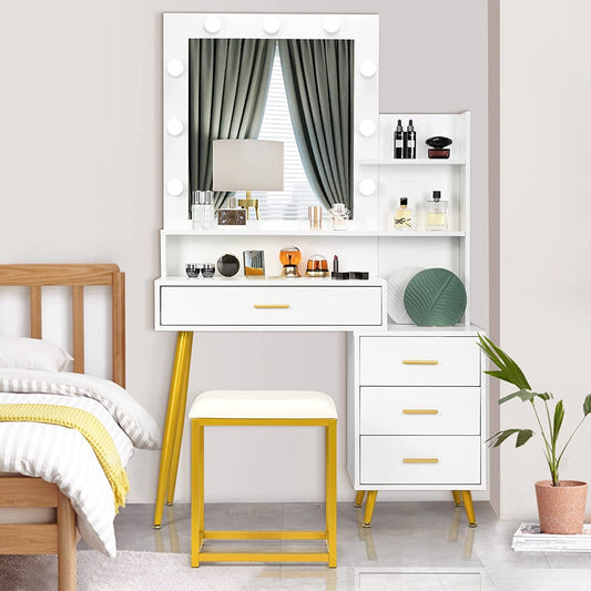 White and Gold Vanity Table Set-0