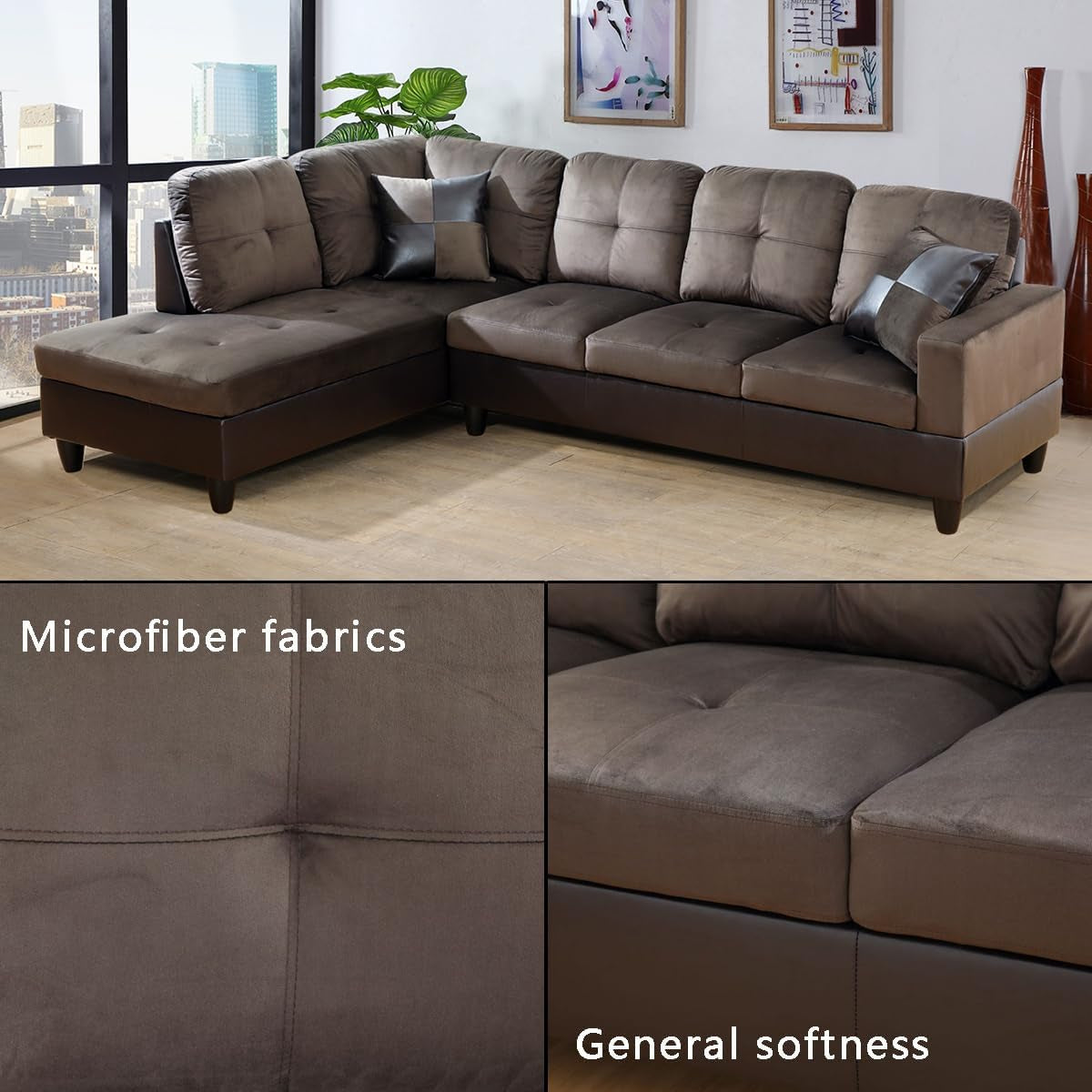 2 Pieces Sectional Sofa Sets, L-Shape Sofa Microfiber Couch Living Room Sofa Set with Chaise Using for Living Room Furniture(A-Brown, Left Hand Facing)-3
