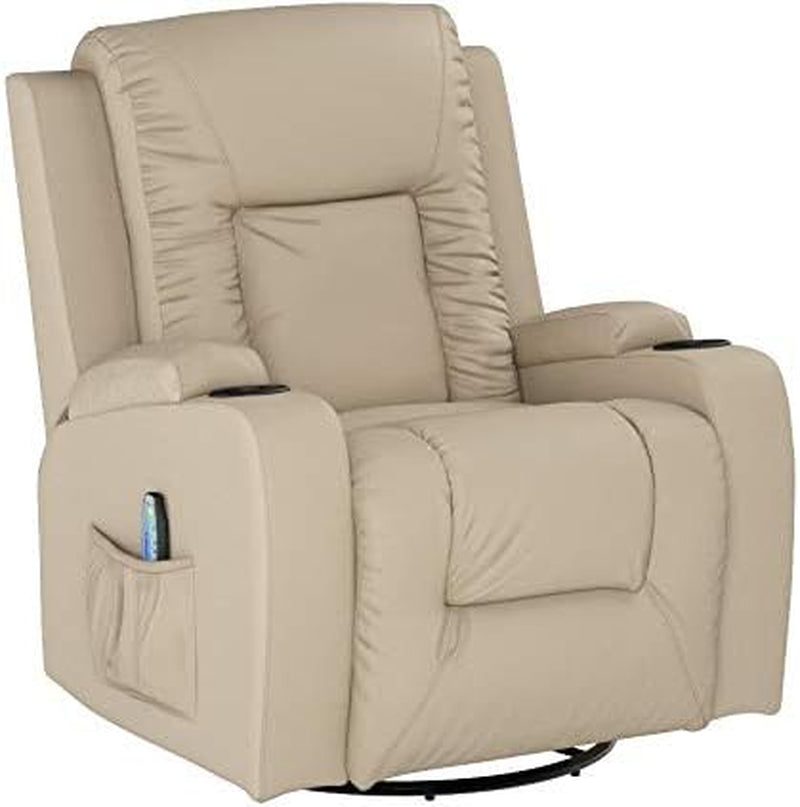 Recliner Chair, PU Rocking Chair for Adults, Swivel Recliner with Cup Holders, Heat and Massage, Single Sofa Seat with Side Pockets for Living Room, Bedroom (White)-4
