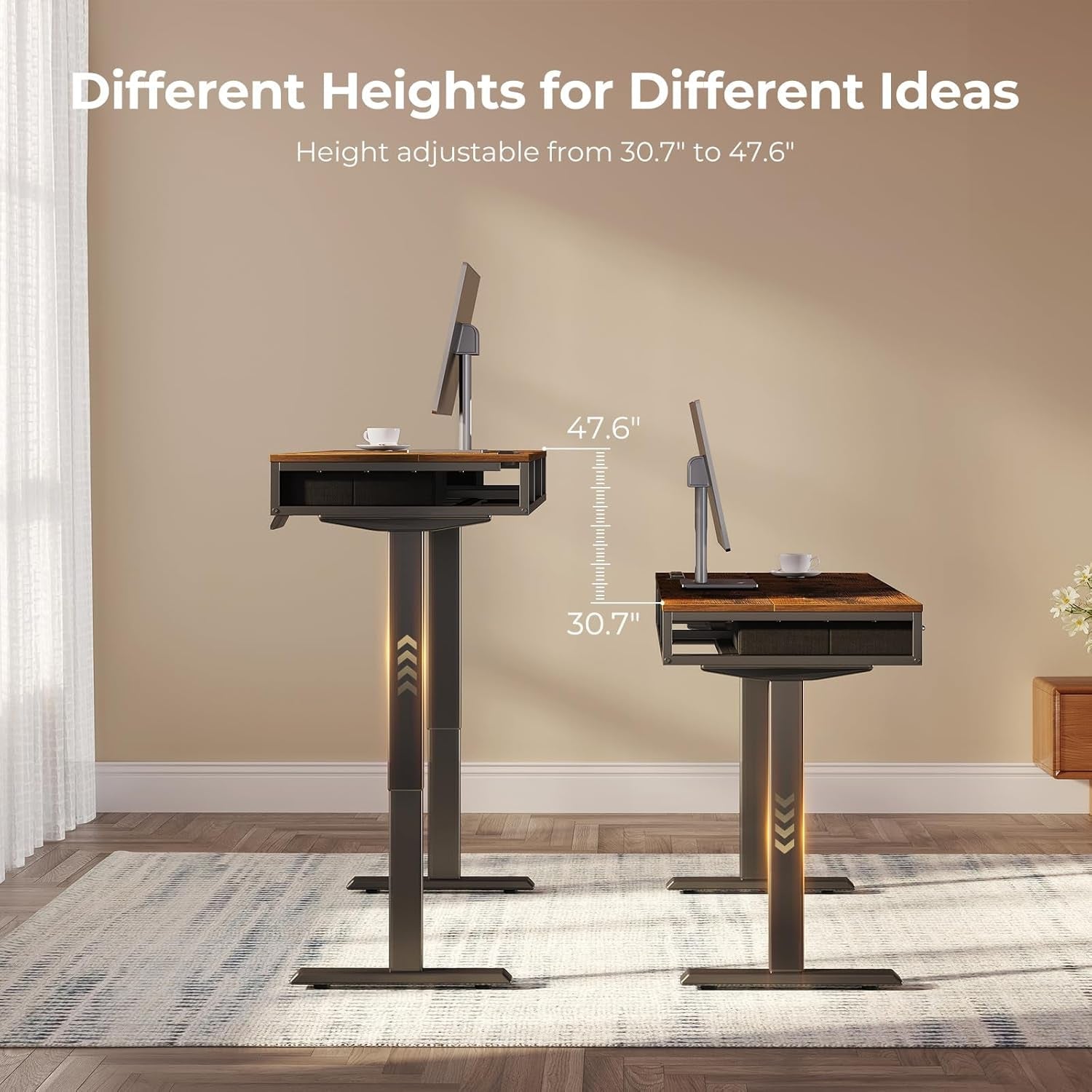 Electric Standing Desk with Drawers & Keyboard Tray, 55 Inch Height Adjustable Desk with Power Outlets, Sit Stand Table, Writing Computer Desk for Home, Office, Workstation, Rustic Brown-2