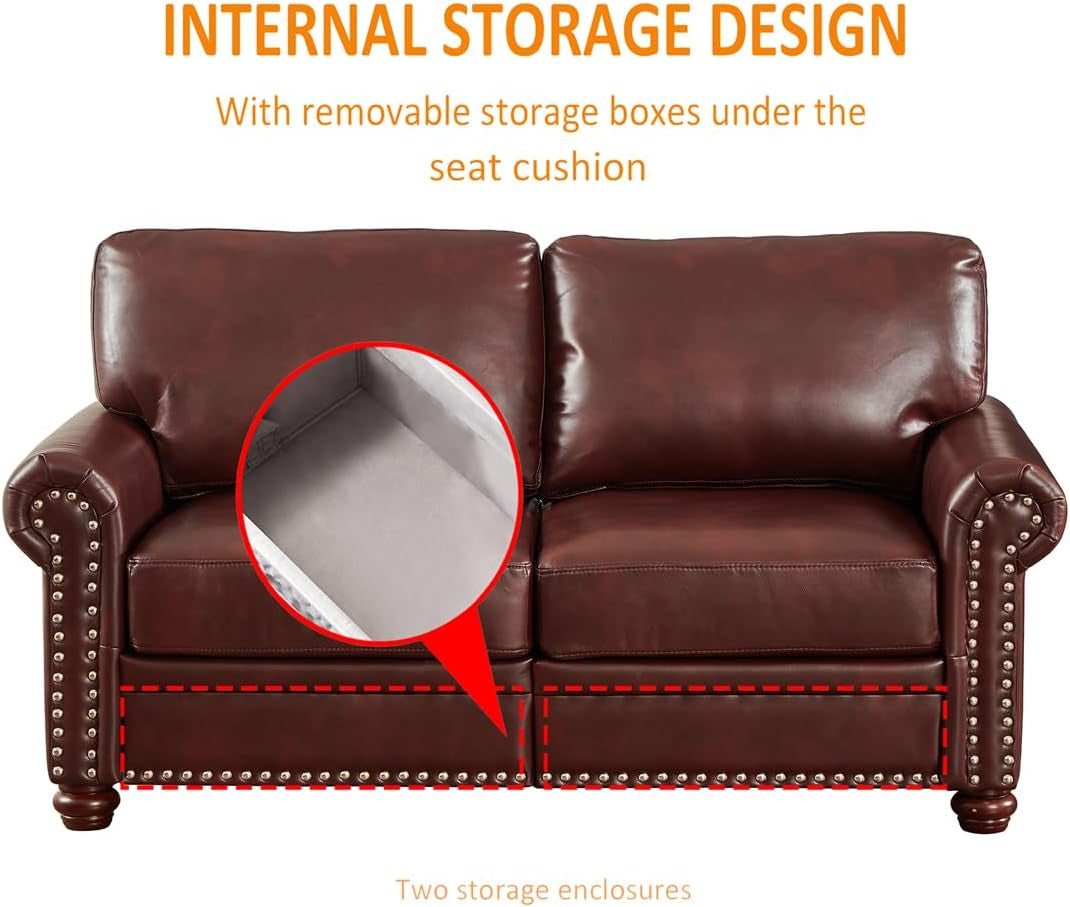 Faux Leather Living Room Sofa Set with 3-Seat Couch and 2-Seat Loveseat, Hidden Storage under Seat, Nailhead Trim, Solid Wood Legs, Burgundy-3