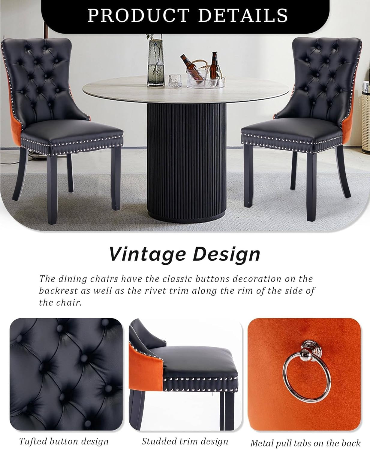 Leather Dining Chair Set of 2 Upholstered Tufted Dining Room Chair with Nailhead Trim and Solid Wood Legs for Kitchen, Restaurant, Black&Orange-4