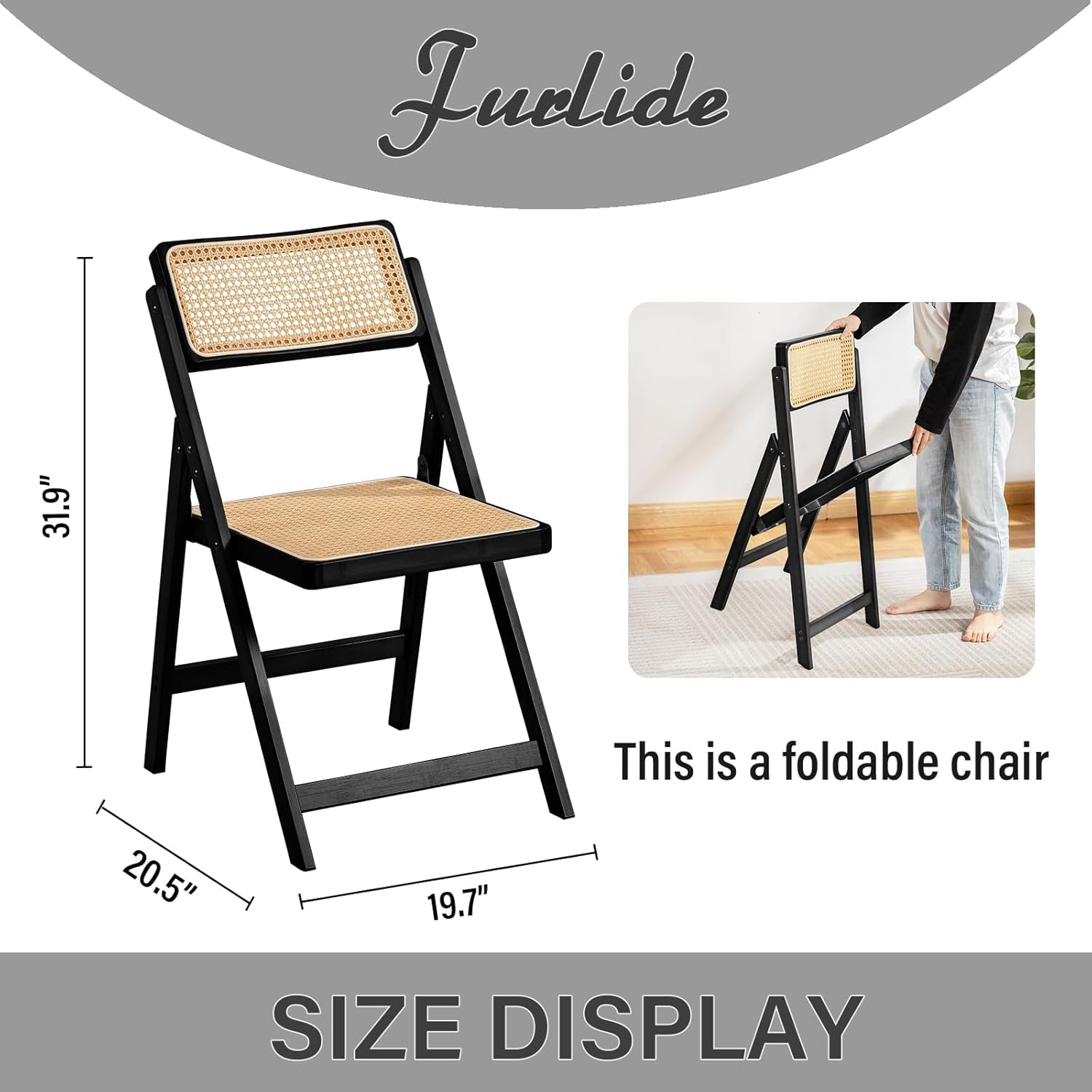 Rattan Folding Chairs, Modern Mid Century Dining Chairs Set of 2, Outdoor Bamboo Chairs for Bedroom Living Room Reading Room Dining Kitchen, Black-2