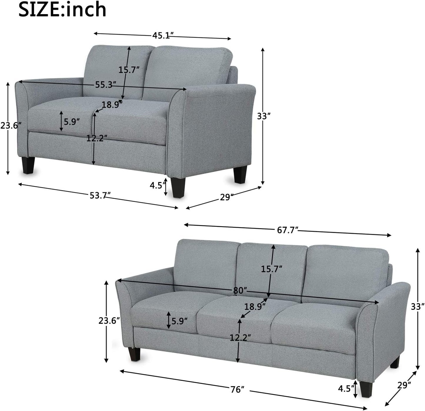 2-Piece Linen Fabric Upholstered Living Room Furniture Set, Including 3-Seater Sofa and Loveseat Sofa with Seat and Back Cushions, Grey-1