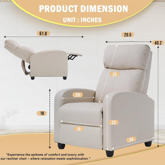 Recliner Chair Single Reclining Sofa Home Theater Seating with Lumbar Support and Padded Backrest for Living Room and Bedroom (Leather, Beige)-1