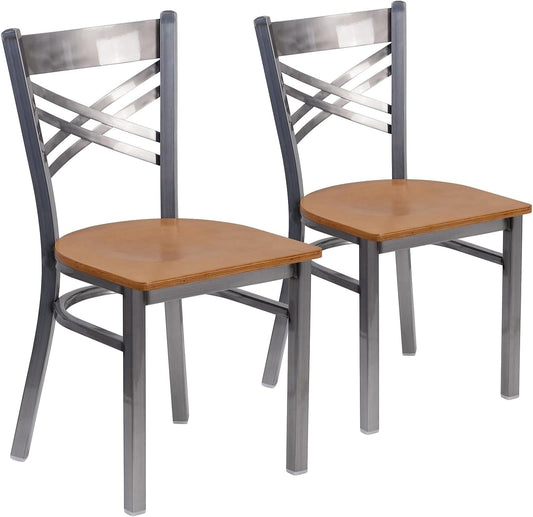 2 Pk. HERCULES Series Clear Coated ''X'' Back Metal Restaurant Chair - Natural Wood Seat-0