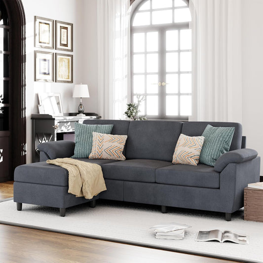 Gray Linen Sectional Sofa with Pillows-0