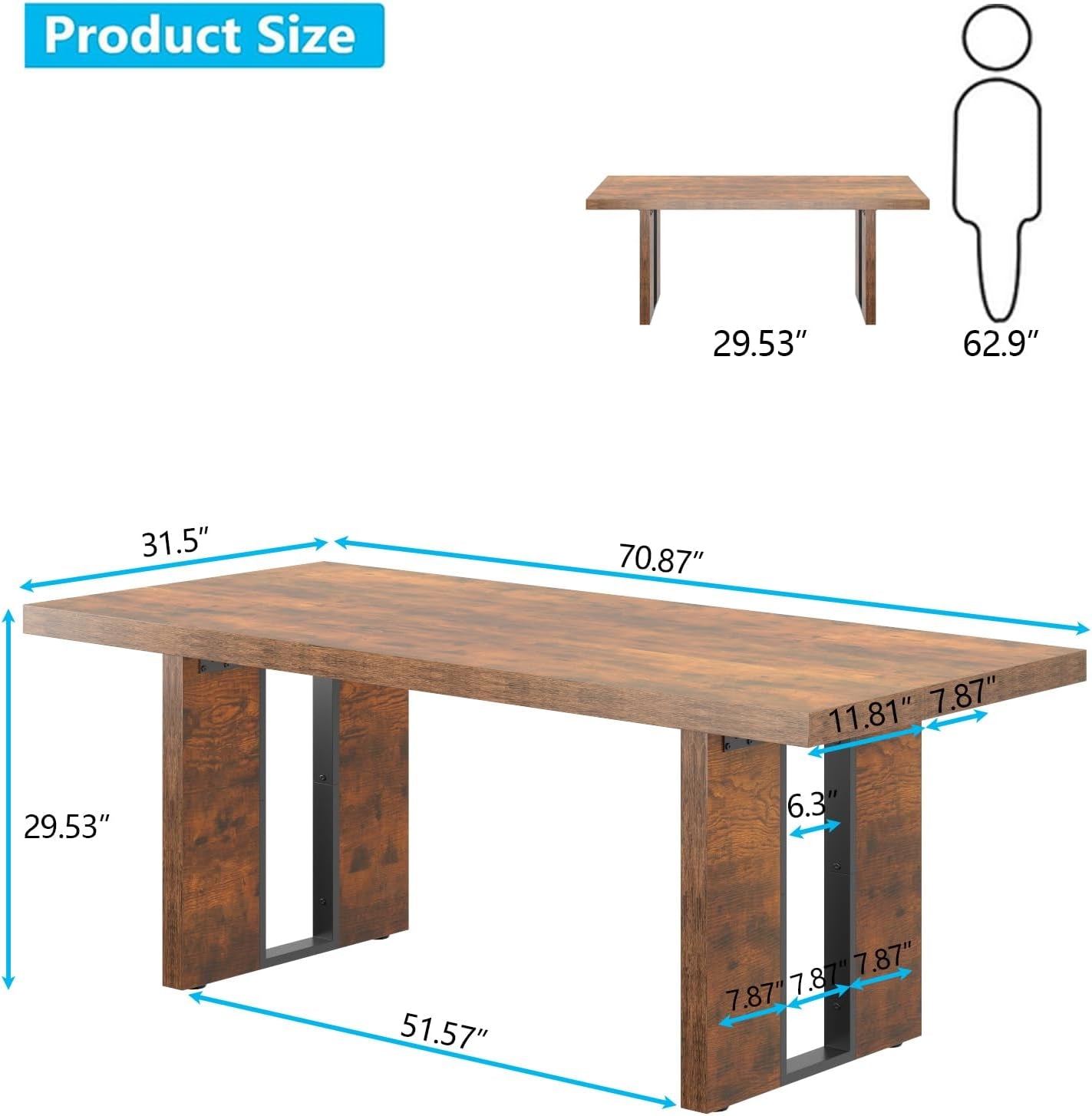 71" Large Dining Table, Rustic Farmhouse Dinner Table for 6 to 8 People, Rectangular Thick Kitchen Table with Heavy Duty Legs for Dining Room (Rustic)-1