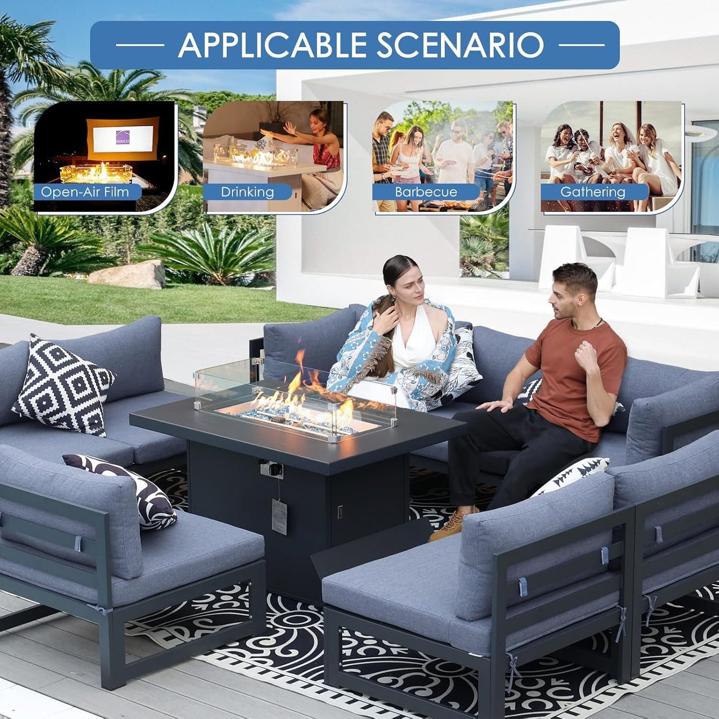 ® Modern Large Grey Aluminum Outdoor Patio Furniture Set with Propane/Natural Gas Fire Pit Table, 29'' Deep Wide Seating Conversation Sofa L Shaped Sectional Couch Set (6 Pieces, 5 Seats)-1